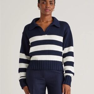 Quince Navy and White V-Neck Sweater